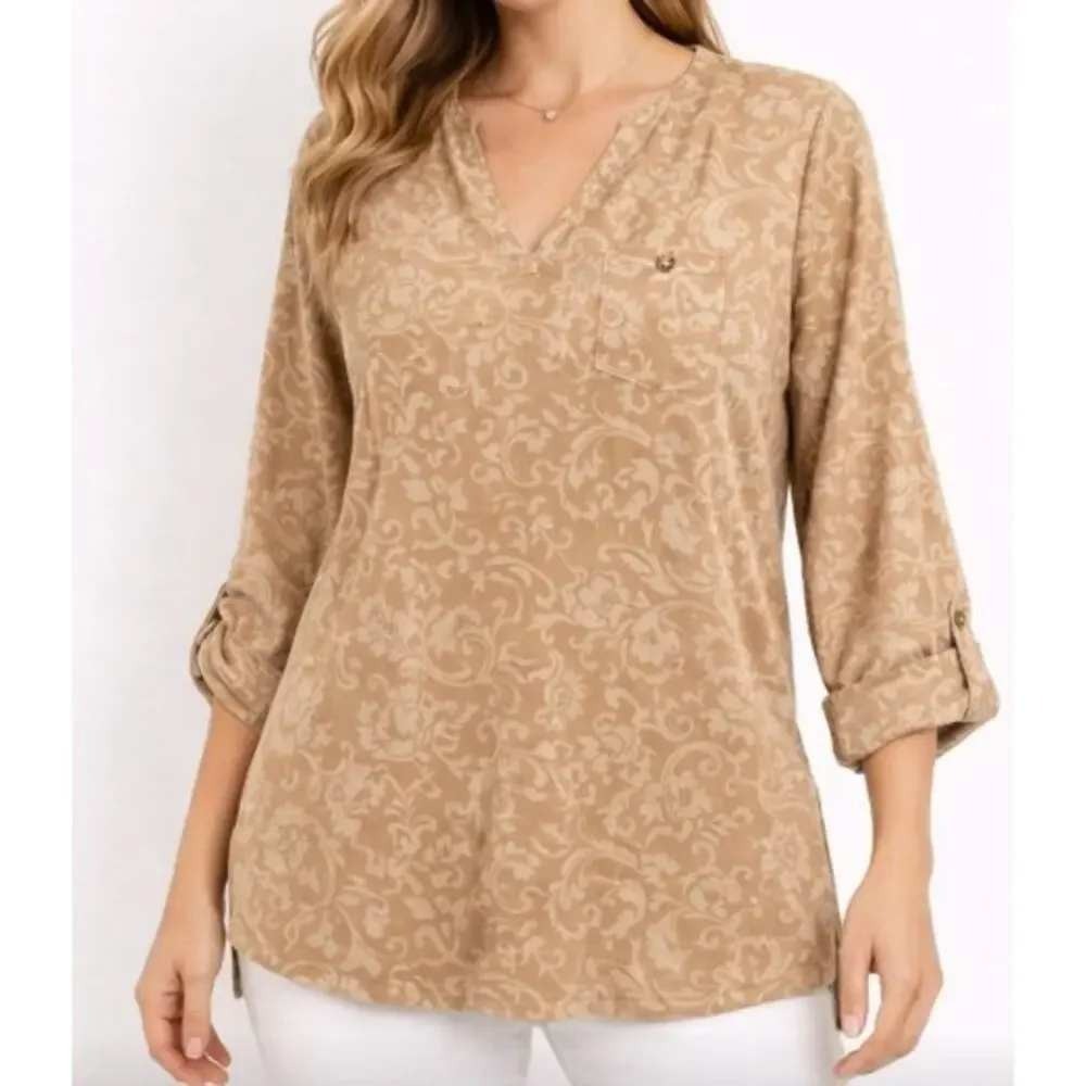 Soft Surroundings Tan Floral Faux Suede V-Neck Sleeve Tunic Top Blouse Sz M